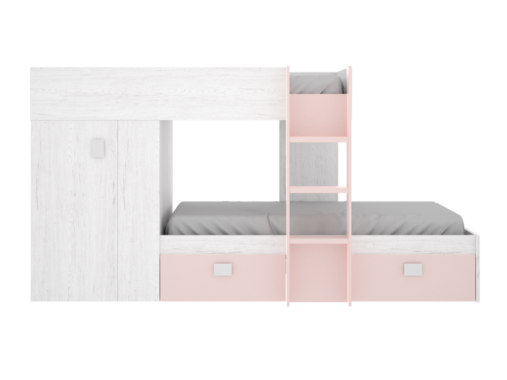 Children's bunk bed with wardrobe and 2 drawers, white and pink - Length 271 x Depth 111 x Height 150 cm 08920BUVZ