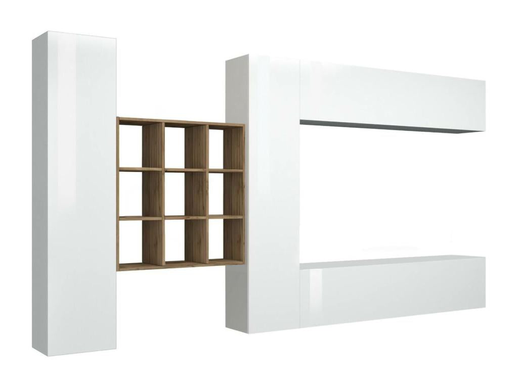 Bohometop wall-mounted TV unit with 4 doors, versatile living room furniture, Made in Italy, 350x30x180 cm, Glossy white, 40286IWRG