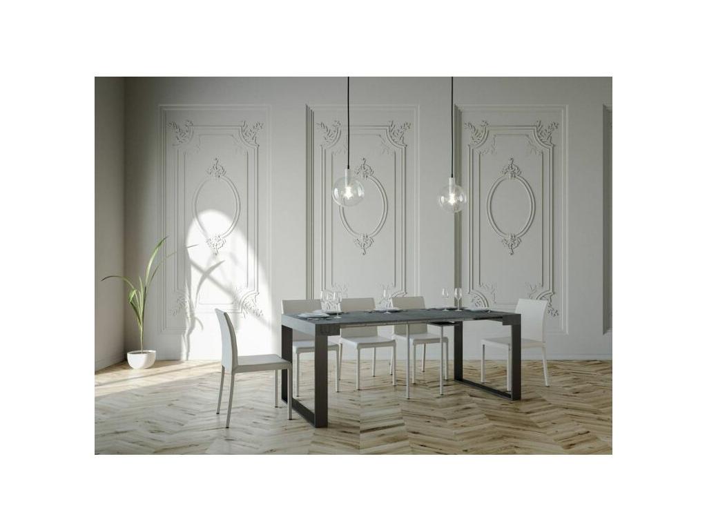 Extendable console table in wood with 2 anthracite steel legs, Elatra 90x40-196 or 90x40-300 - Cement Grey - 4-leg support - 5 slim extensions 96137CPKS