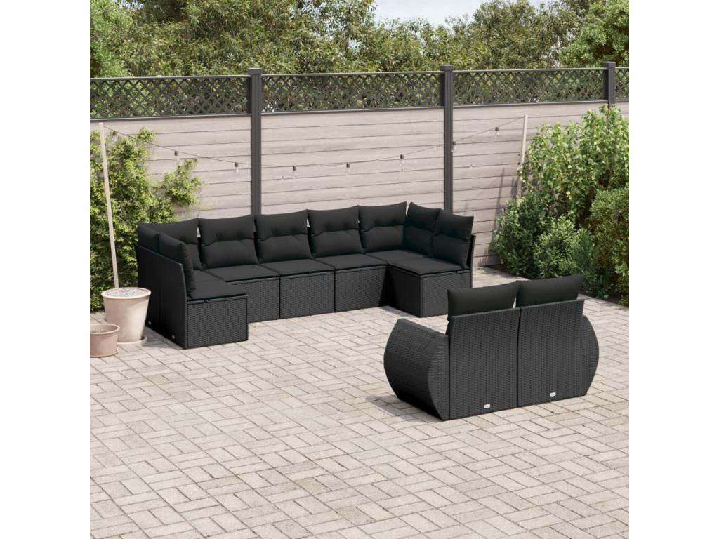 9-piece garden furniture set with cushions, black resin wicker 47863RMFU