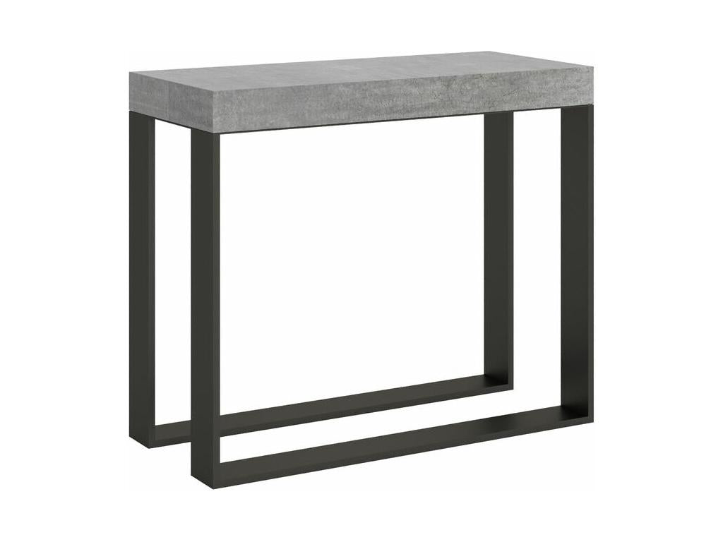 Extendable console table in wood with 2 anthracite steel legs, Elatra 90x40-196 or 90x40-300 - Cement Grey - 4-leg support - 5 slim extensions 96137CPKS