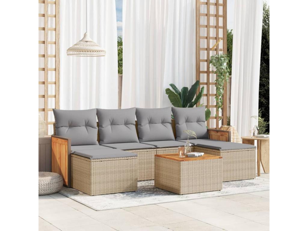 7-piece garden furniture set with cushions, beige wicker resin, 28198JKAS