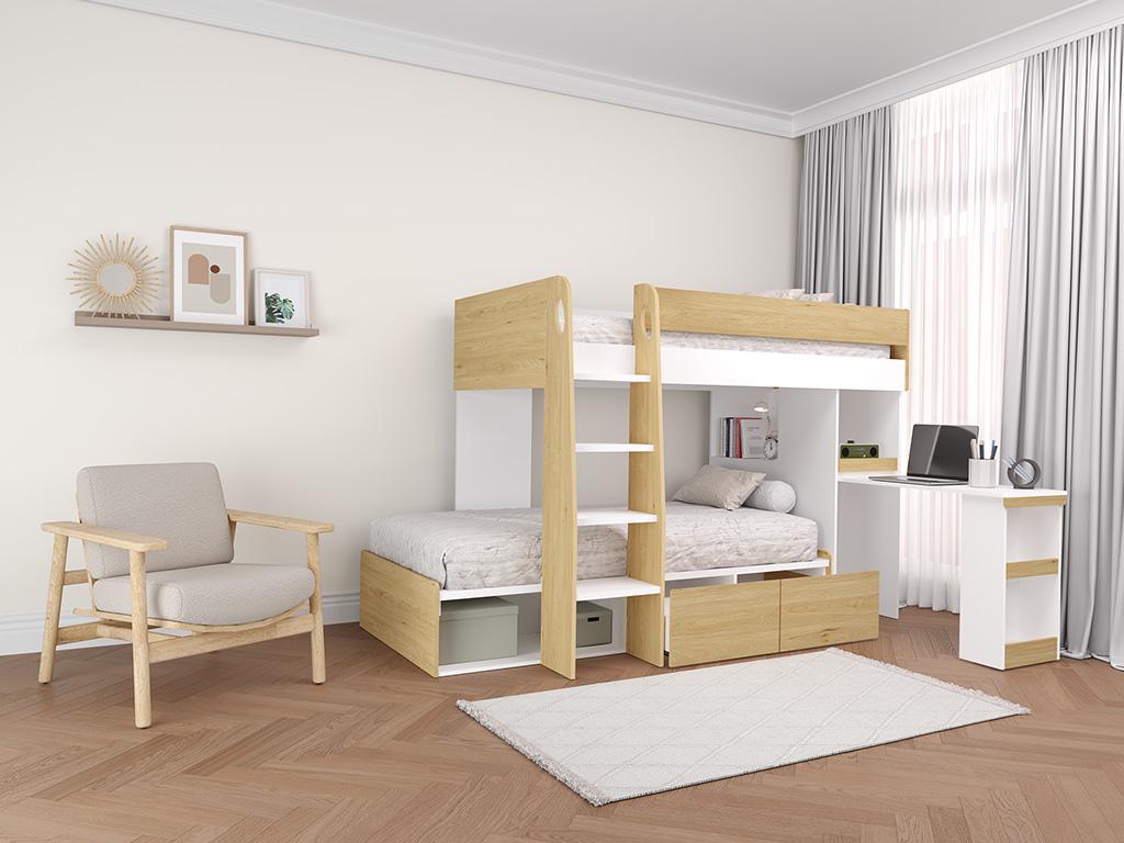 Bunk beds 2x90x190 cm with desk and storage - Natural and white - Nidchicshop 43473JUEW