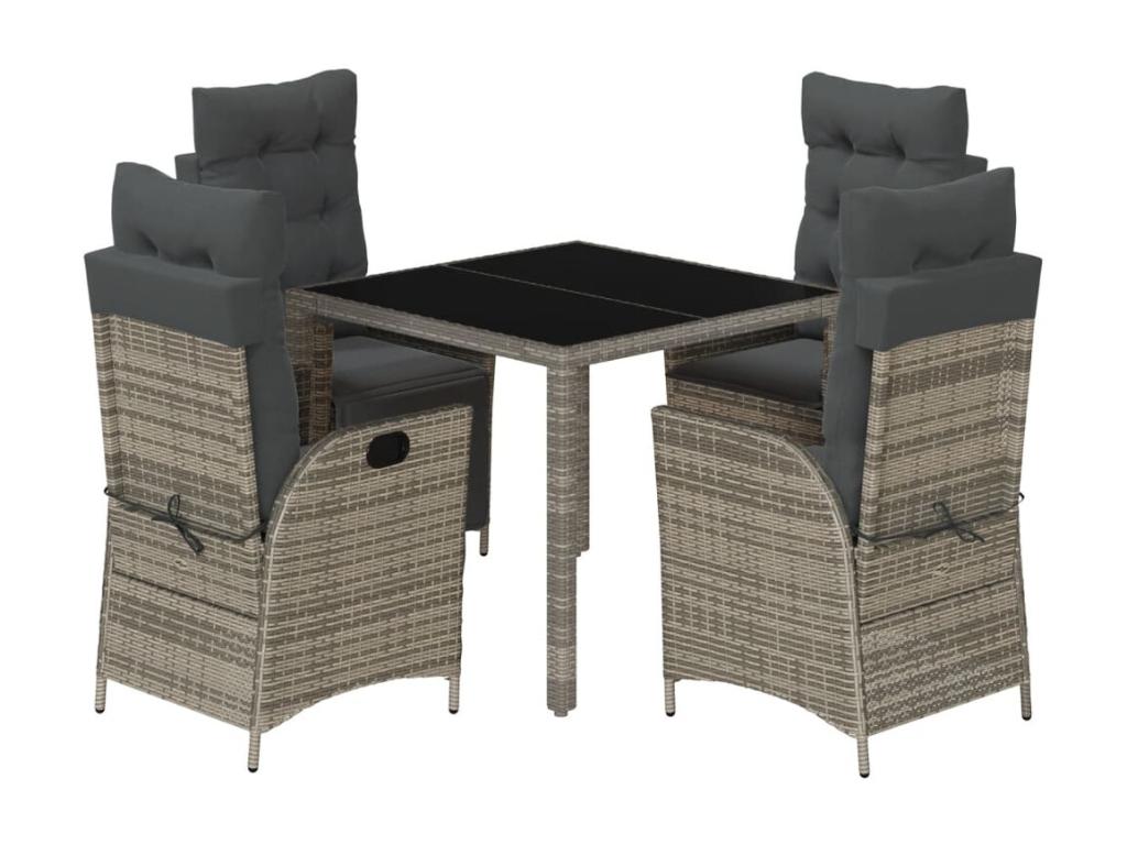 5-piece garden dining set with grey resin wicker cushions