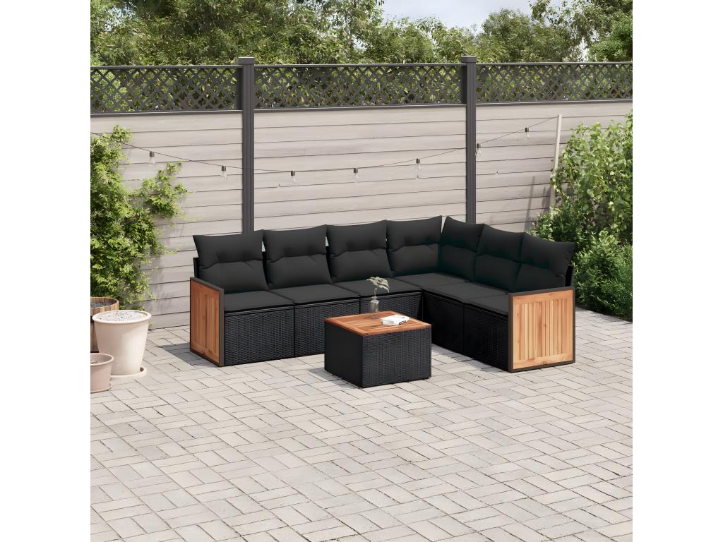 7-piece garden furniture set with cushions, black woven resin 95648VHOF
