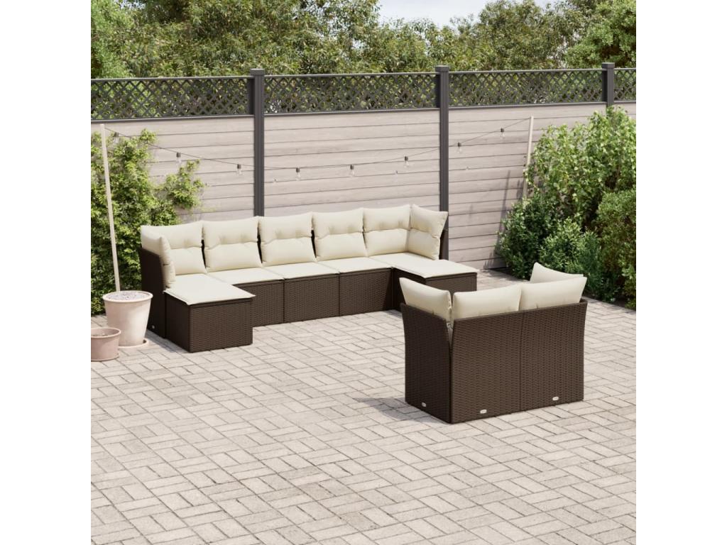 9-piece garden furniture set with cushions, brown woven resin