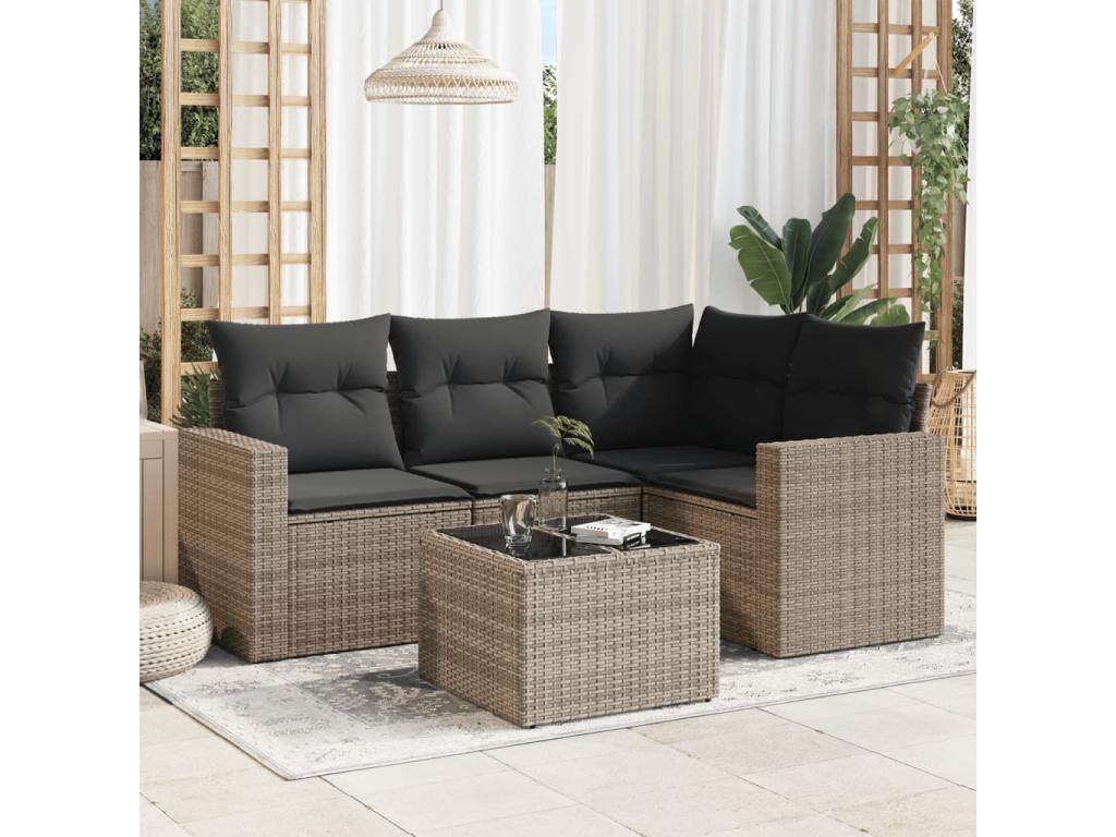 5-piece garden furniture set with grey resin wicker cushions 99221UOLM