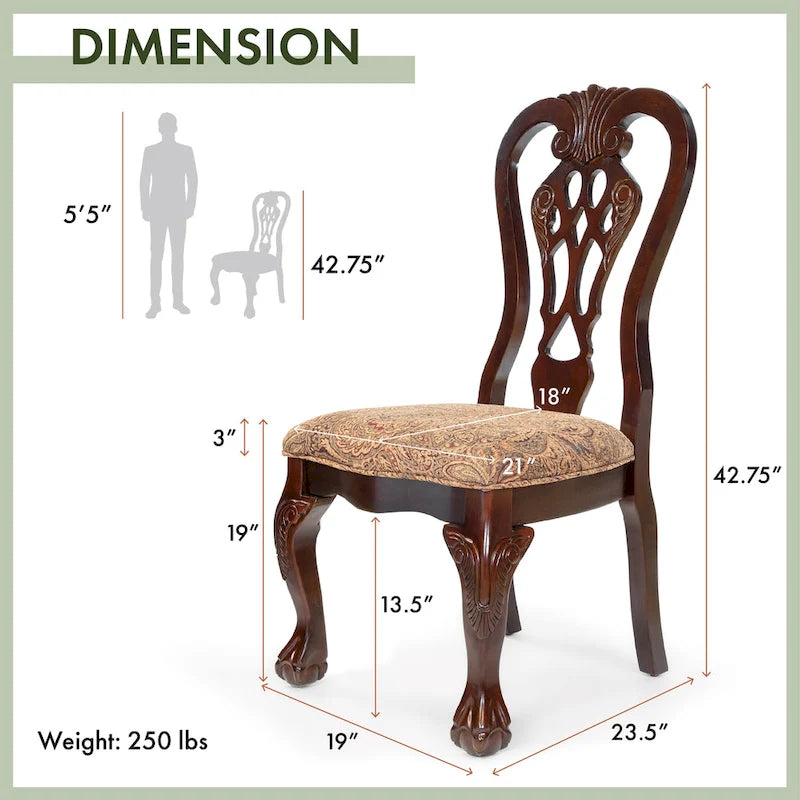 Set of 2 Traditional Wood Dining Chairs with Upholstered Seats - Carved Backrest, Lion Claw Feet, Cherry Finish, Formal Dining or Side Chairs