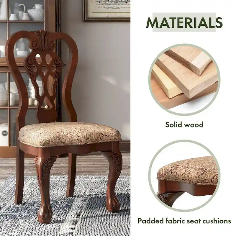 Set of 2 Traditional Wood Dining Chairs with Upholstered Seats - Carved Backrest, Lion Claw Feet, Cherry Finish, Formal Dining or Side Chairs