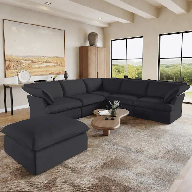 L-Shape Linen Sectional Sofa with Ottoman - Modular Upholstered Design, 6-Seater, 250 lb/Seat, Removable Cushions, Easy Assembly