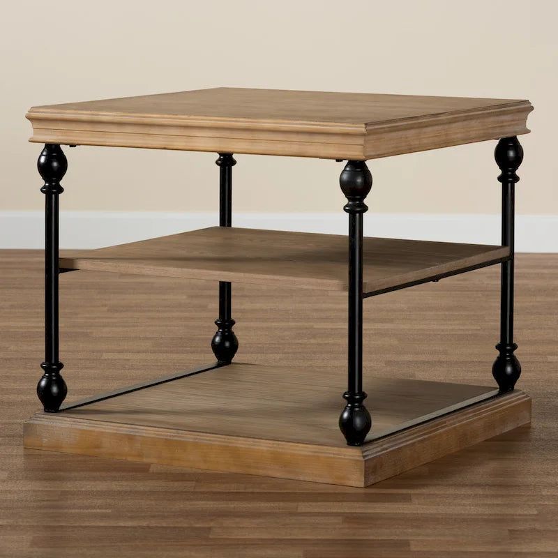 Industrial 3-Tier End Table - Wood & Black Metal, 28.1" Square, 3 Open Shelves, Rustic Oak Brown Finish, Turned Legs, Living Room Side Table