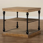 Industrial 3-Tier End Table - Wood & Black Metal, 28.1" Square, 3 Open Shelves, Rustic Oak Brown Finish, Turned Legs, Living Room Side Table