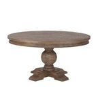 Round solid wood dining table - weathered teak finish, with a columnar base, moisture-resistant, seats 4 people, modern style.