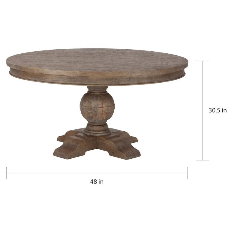 Round solid wood dining table - weathered teak finish, with a columnar base, moisture-resistant, seats 4 people, modern style.