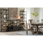 Round solid wood dining table - weathered teak finish, with a columnar base, moisture-resistant, seats 4 people, modern style.