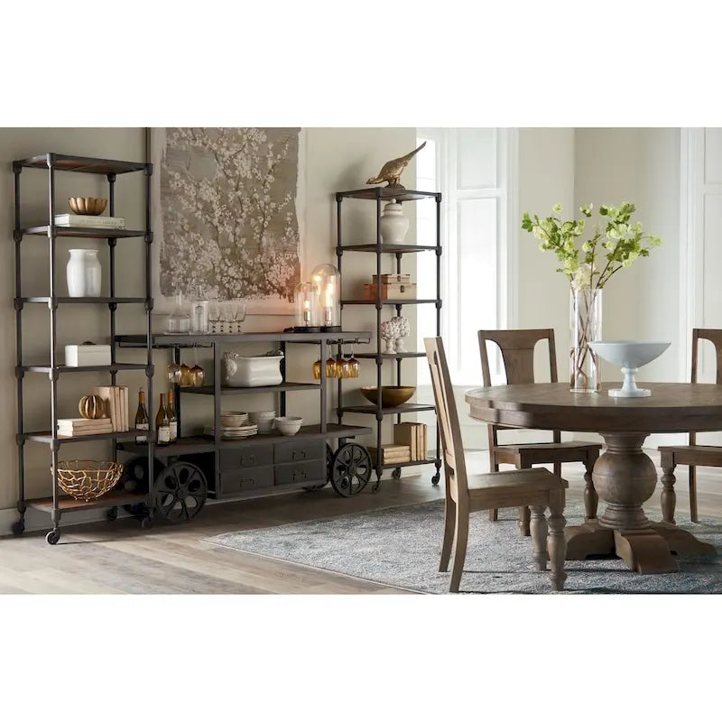 Round solid wood dining table - weathered teak finish, with a columnar base, moisture-resistant, seats 4 people, modern style.