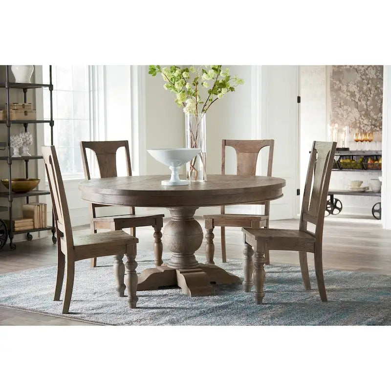 Round solid wood dining table - weathered teak finish, with a columnar base, moisture-resistant, seats 4 people, modern style.