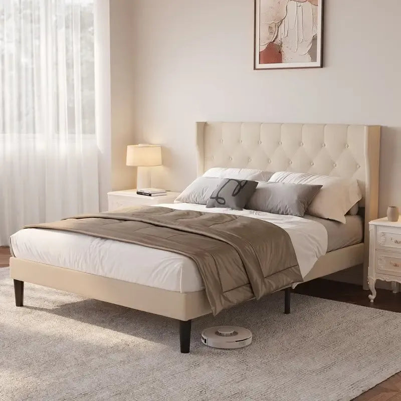 Modern Upholstered Platform Bed Frame, Velvet Bed Frame with Wingback Headboard
