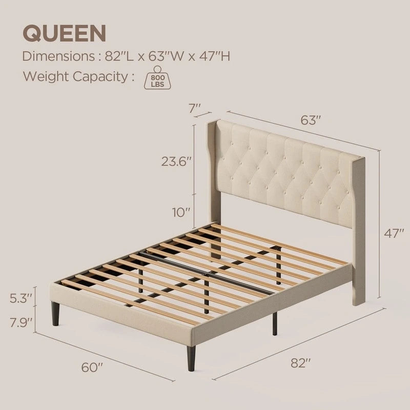 Modern Upholstered Platform Bed Frame, Velvet Bed Frame with Wingback Headboard