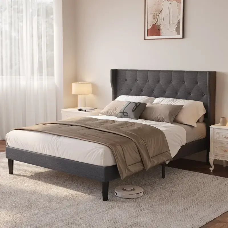 Modern Upholstered Platform Bed Frame, Velvet Bed Frame with Wingback Headboard