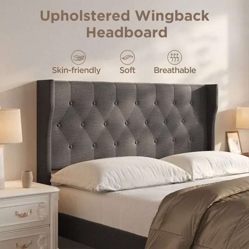 Modern Upholstered Platform Bed Frame, Velvet Bed Frame with Wingback Headboard
