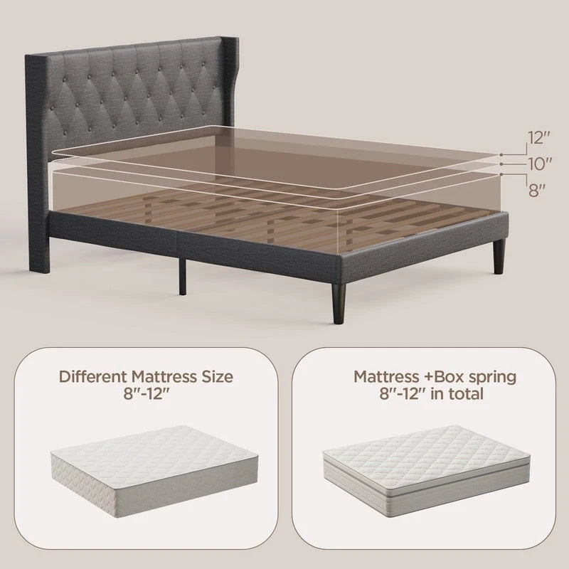 Modern Upholstered Platform Bed Frame, Velvet Bed Frame with Wingback Headboard