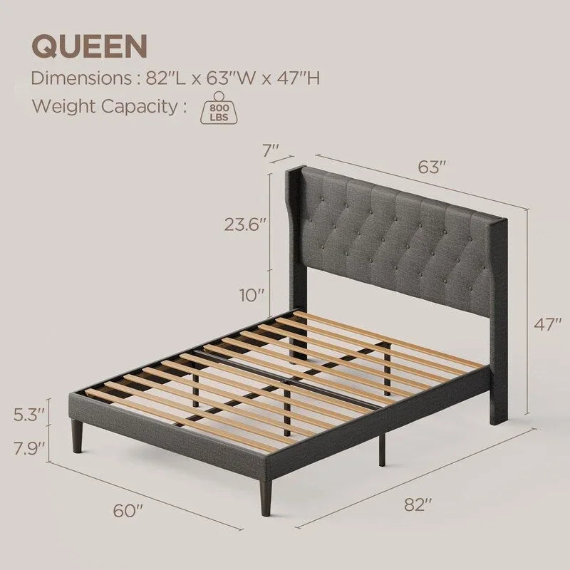 Modern Upholstered Platform Bed Frame, Velvet Bed Frame with Wingback Headboard