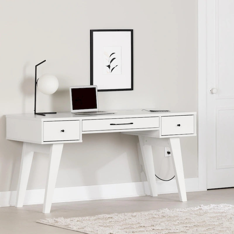 Scandinavian Computer Desk with Built-in Power Bar - 2 USB Ports, 3 Drawers, Melamine Top, Wooden Legs, Home Office Desk, BIFMA Certified