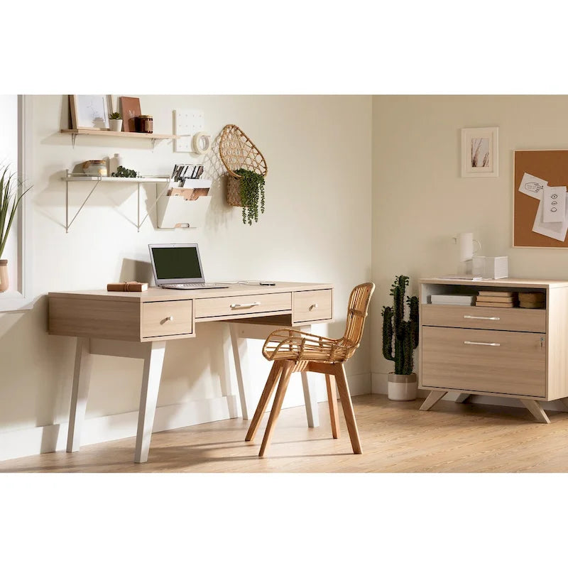 Scandinavian Computer Desk with Built-in Power Bar - 2 USB Ports, 3 Drawers, Melamine Top, Wooden Legs, Home Office Desk, BIFMA Certified
