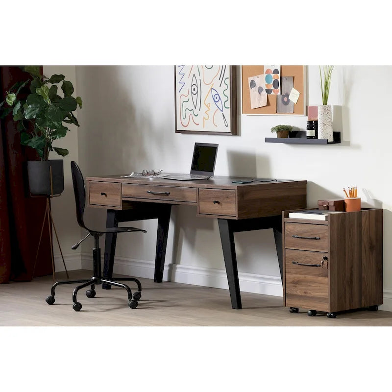 Scandinavian Computer Desk with Built-in Power Bar - 2 USB Ports, 3 Drawers, Melamine Top, Wooden Legs, Home Office Desk, BIFMA Certified