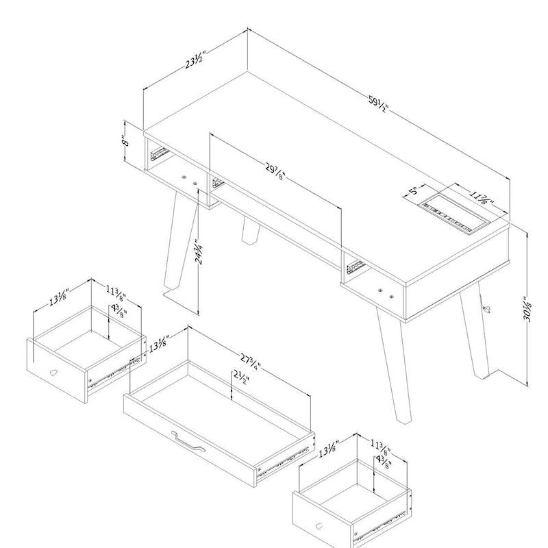 Scandinavian Computer Desk with Built-in Power Bar - 2 USB Ports, 3 Drawers, Melamine Top, Wooden Legs, Home Office Desk, BIFMA Certified