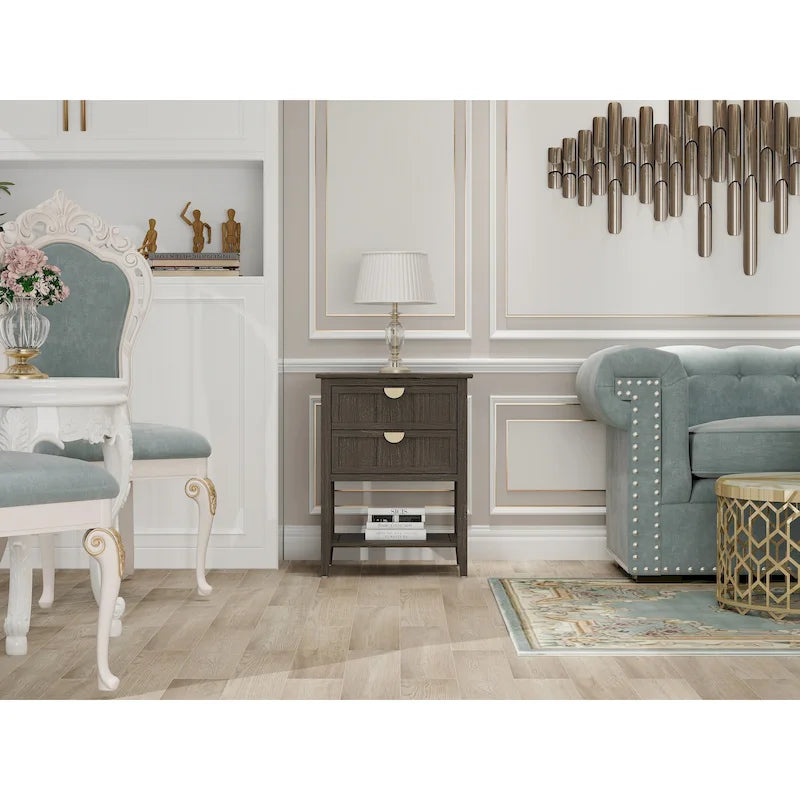 American Style 2-Drawer Side Table - Wood Grain Finish, 28.5" Height, 130 lb Capacity, MDF, Nightstand or End Table