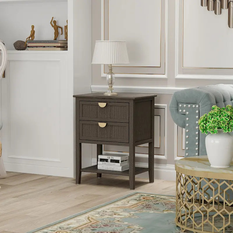 American Style 2-Drawer Side Table - Wood Grain Finish, 28.5" Height, 130 lb Capacity, MDF, Nightstand or End Table