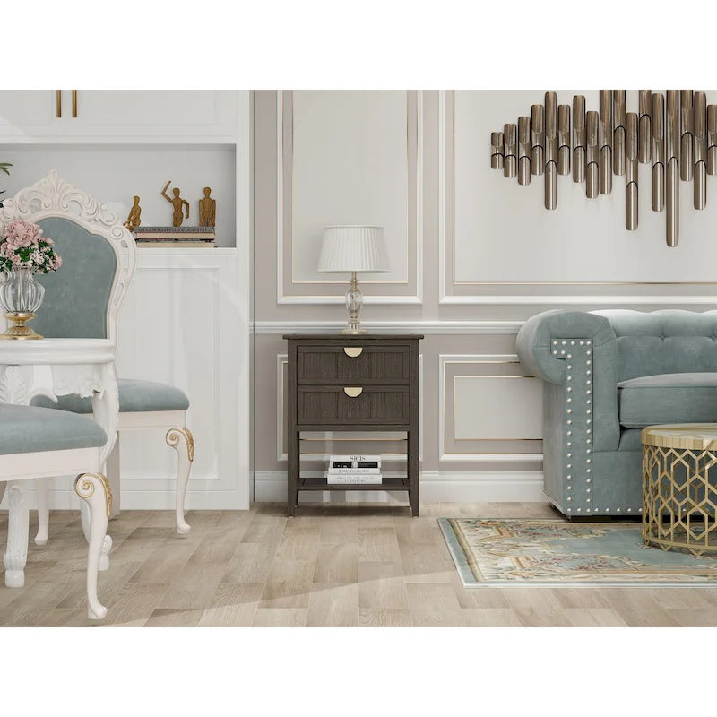 American Style 2-Drawer Side Table - Wood Grain Finish, 28.5" Height, 130 lb Capacity, MDF, Nightstand or End Table