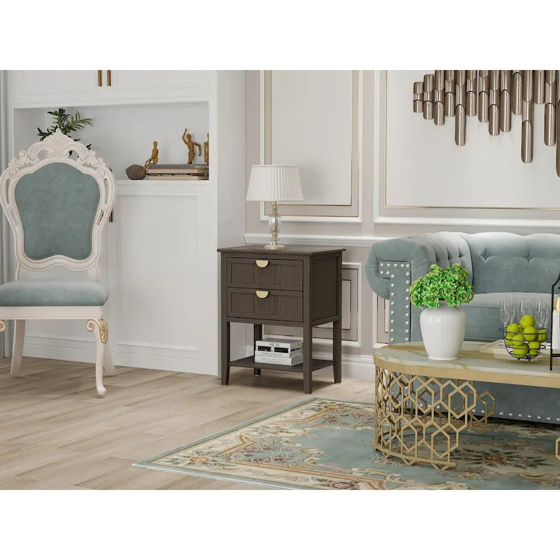 American Style 2-Drawer Side Table - Wood Grain Finish, 28.5" Height, 130 lb Capacity, MDF, Nightstand or End Table