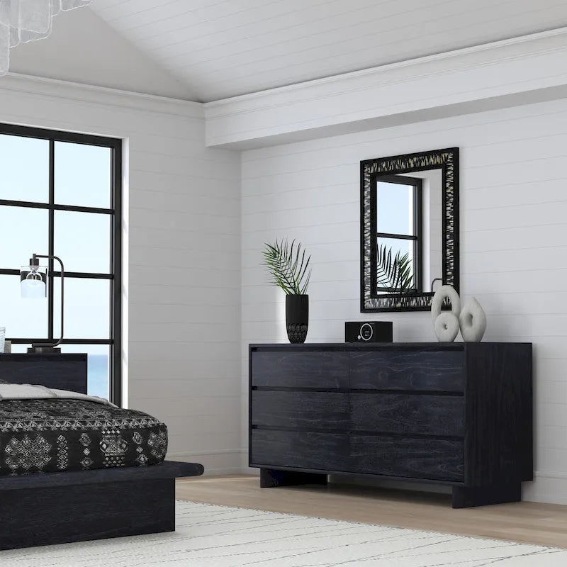 Scandinavian 6-Drawer Dresser in Walnut or Black - Mindi Wood Veneer, 200 lb Capacity, 62" Wide, Double Pedestal Legs, Ball Bearing Drawers