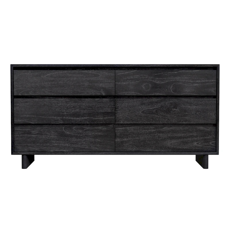 Scandinavian 6-Drawer Dresser in Walnut or Black - Mindi Wood Veneer, 200 lb Capacity, 62" Wide, Double Pedestal Legs, Ball Bearing Drawers