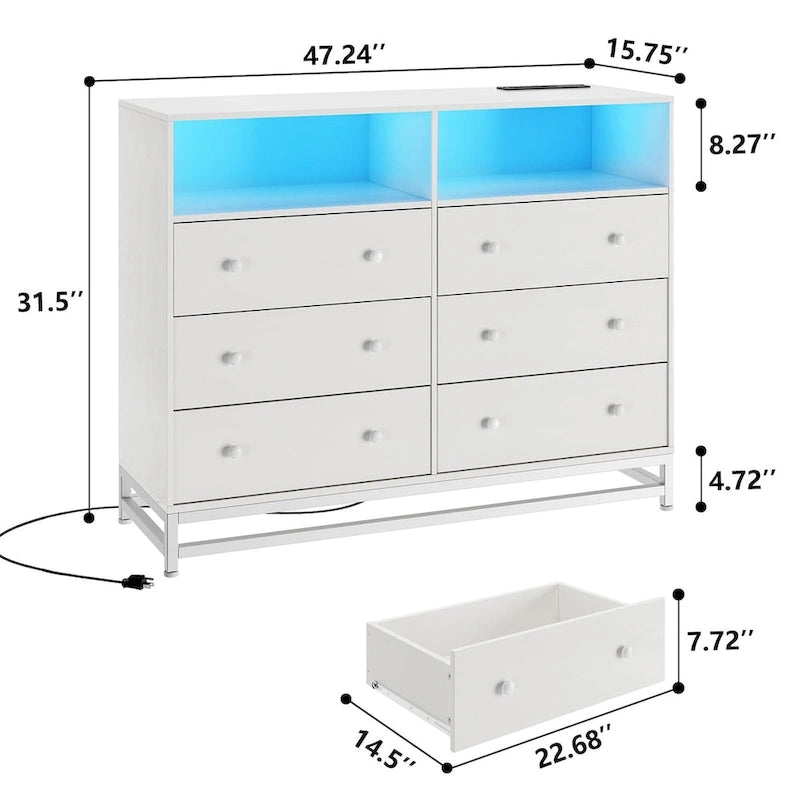 47.2" Wide LED Dresser with Charging Station - 6 Drawers, 4 Outlets & 2 USB Ports, RGB Light Control, Bedroom Storage Organizer