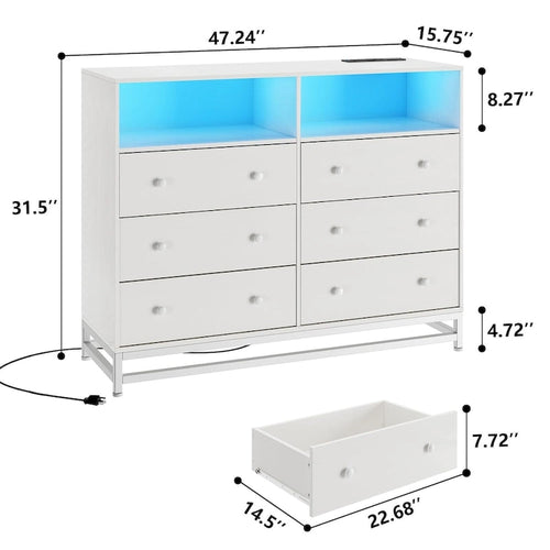 47.2" Wide LED Dresser with Charging Station - 6 Drawers, 4 Outlets & 2 USB Ports, RGB Light Control, Bedroom Storage Organizer