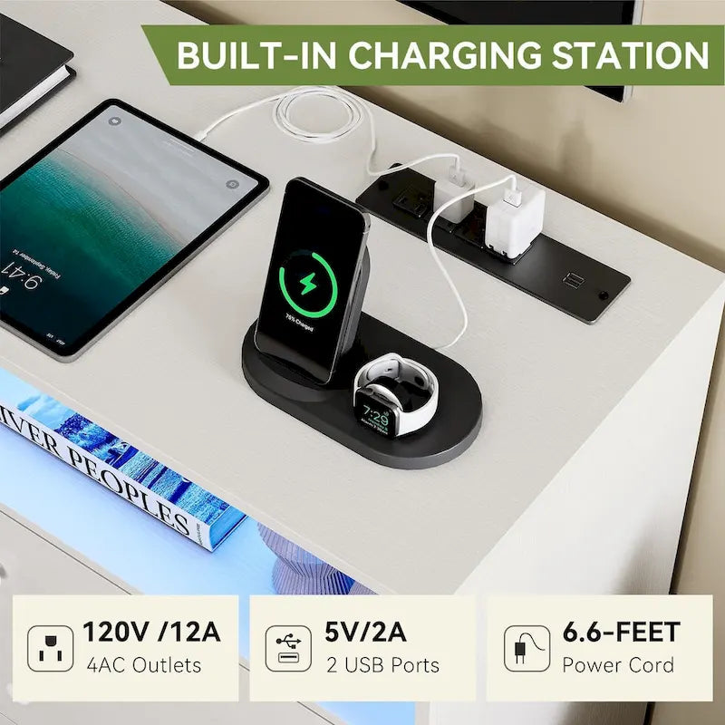 47.2" Wide LED Dresser with Charging Station - 6 Drawers, 4 Outlets & 2 USB Ports, RGB Light Control, Bedroom Storage Organizer