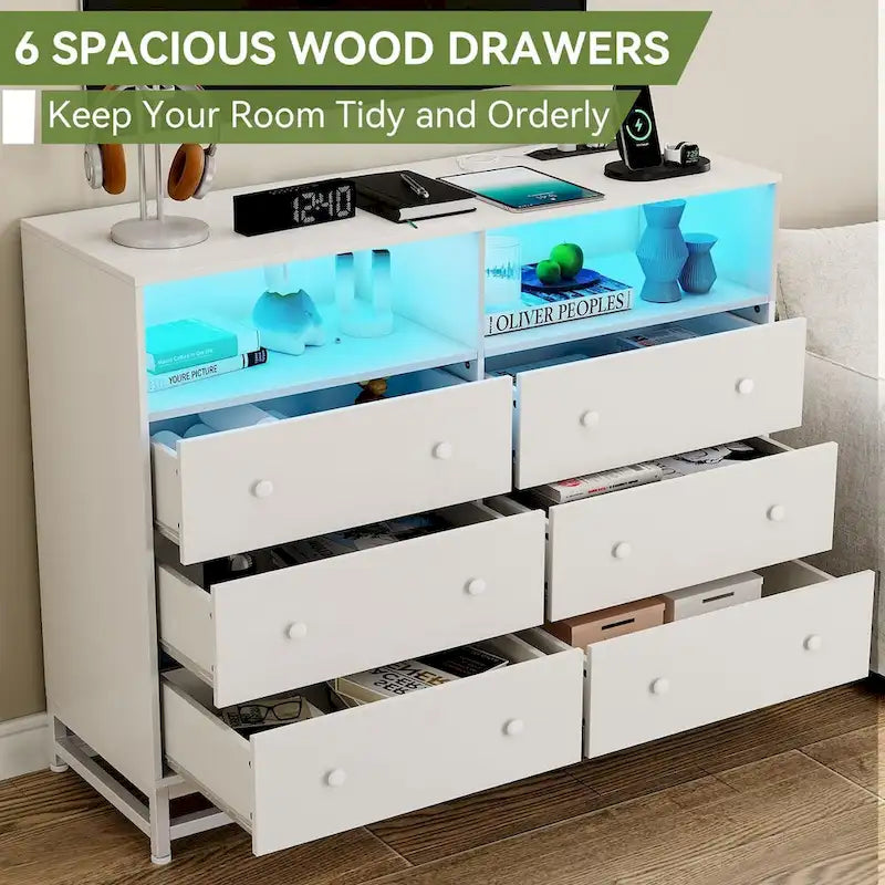 47.2" Wide LED Dresser with Charging Station - 6 Drawers, 4 Outlets & 2 USB Ports, RGB Light Control, Bedroom Storage Organizer