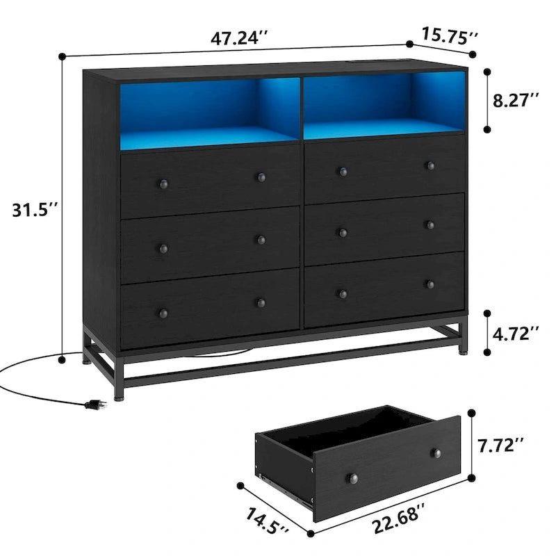 47.2" Wide LED Dresser with Charging Station - 6 Drawers, 4 Outlets & 2 USB Ports, RGB Light Control, Bedroom Storage Organizer