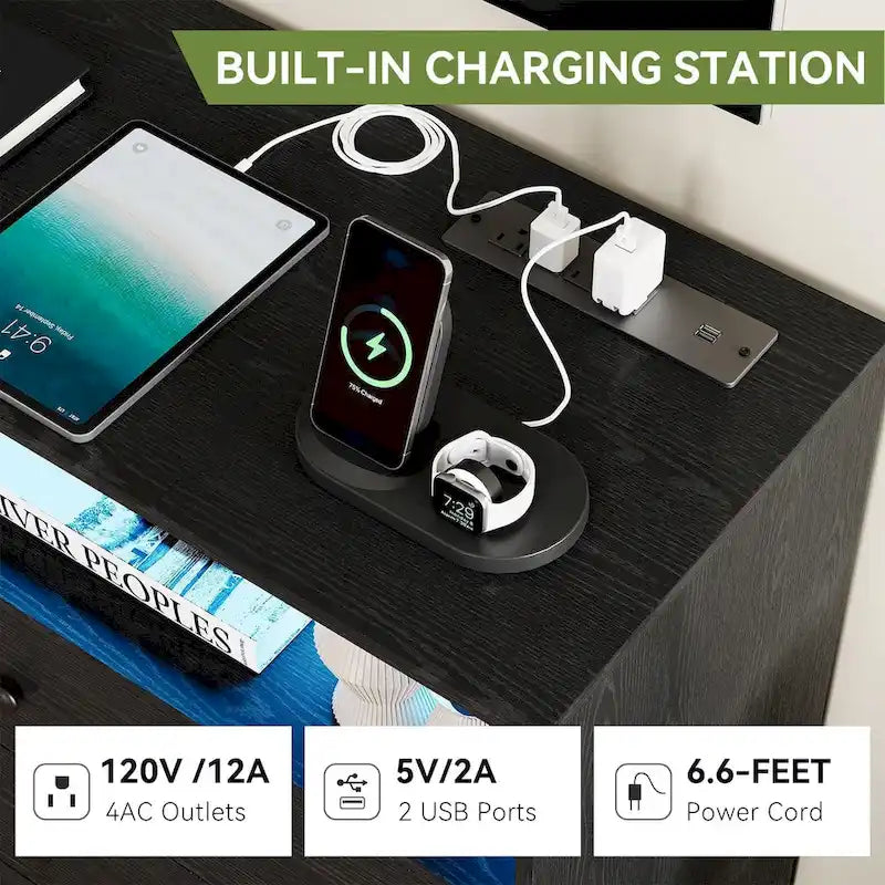 47.2" Wide LED Dresser with Charging Station - 6 Drawers, 4 Outlets & 2 USB Ports, RGB Light Control, Bedroom Storage Organizer