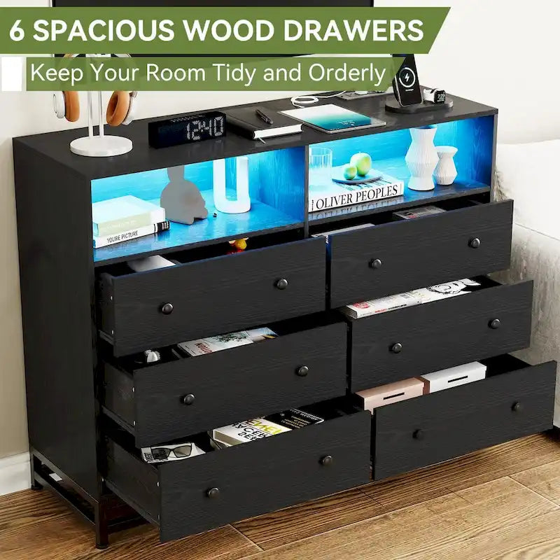 47.2" Wide LED Dresser with Charging Station - 6 Drawers, 4 Outlets & 2 USB Ports, RGB Light Control, Bedroom Storage Organizer