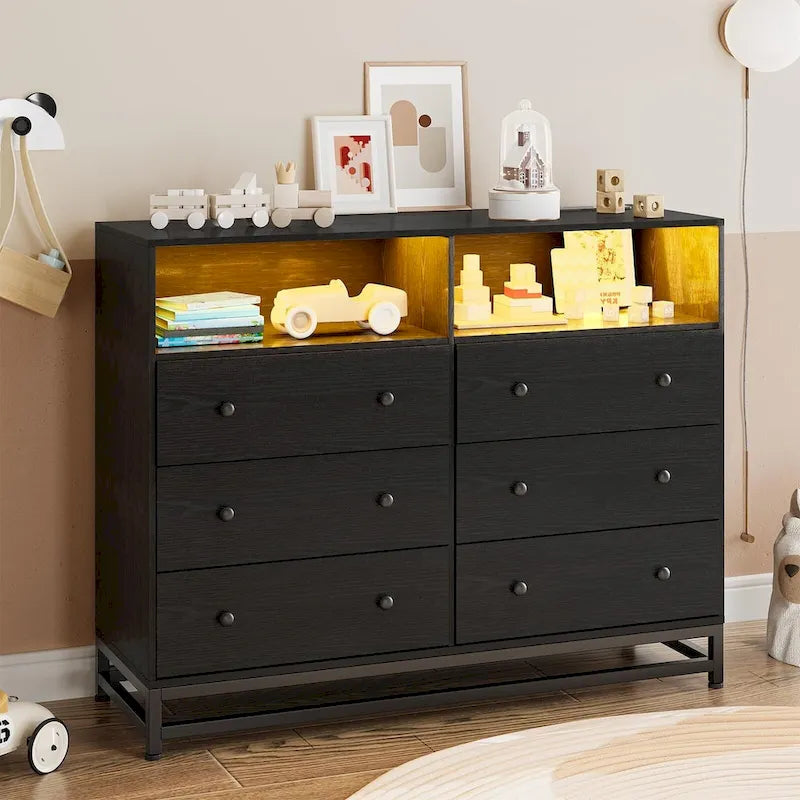 47.2" Wide LED Dresser with Charging Station - 6 Drawers, 4 Outlets & 2 USB Ports, RGB Light Control, Bedroom Storage Organizer