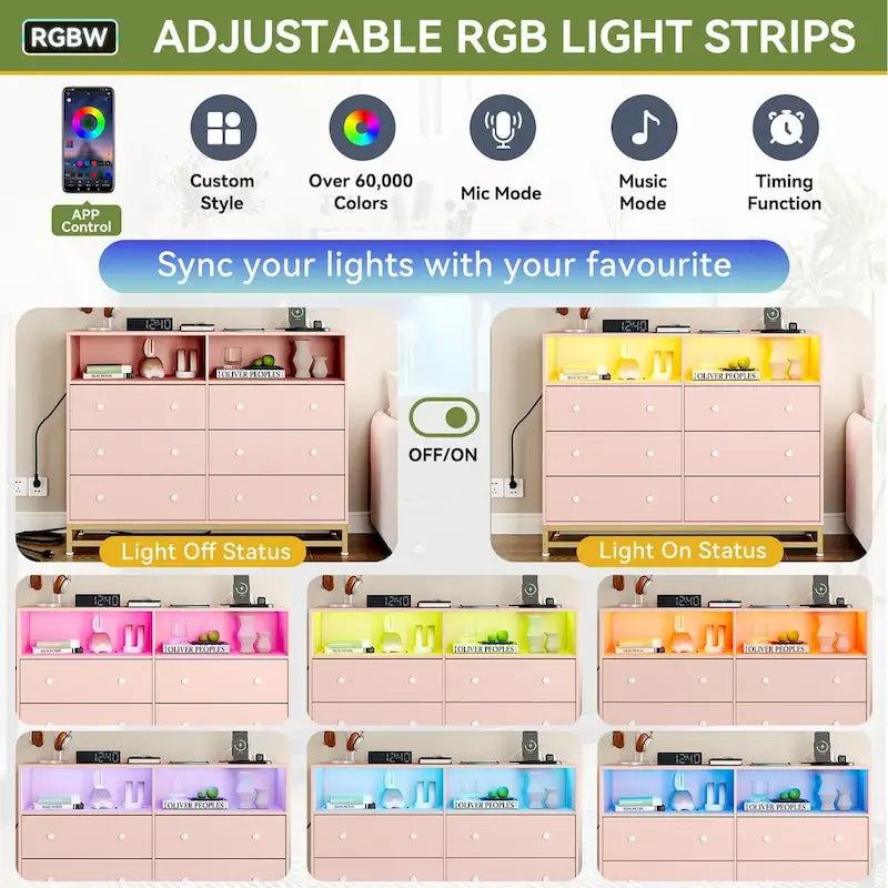 47.2" Wide LED Dresser with Charging Station - 6 Drawers, 4 Outlets & 2 USB Ports, RGB Light Control, Bedroom Storage Organizer