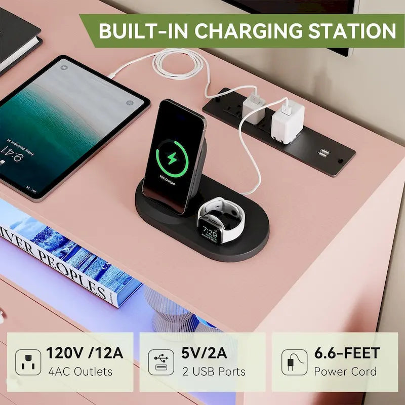 47.2" Wide LED Dresser with Charging Station - 6 Drawers, 4 Outlets & 2 USB Ports, RGB Light Control, Bedroom Storage Organizer