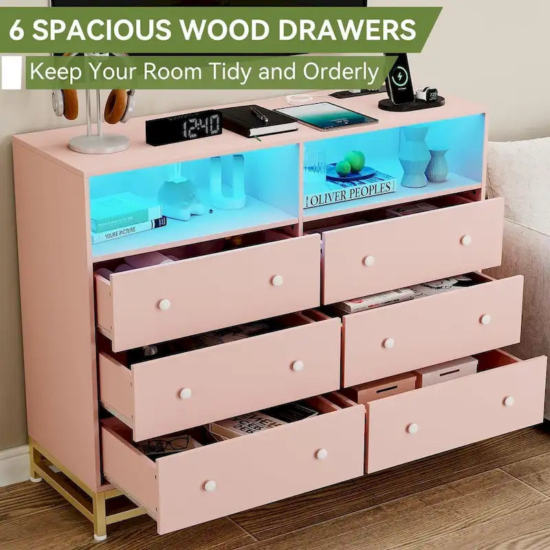 47.2" Wide LED Dresser with Charging Station - 6 Drawers, 4 Outlets & 2 USB Ports, RGB Light Control, Bedroom Storage Organizer