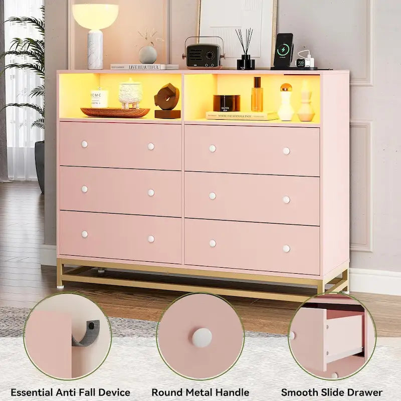 47.2" Wide LED Dresser with Charging Station - 6 Drawers, 4 Outlets & 2 USB Ports, RGB Light Control, Bedroom Storage Organizer