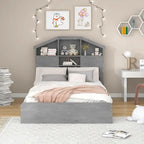 Full Size Wood Platform Bed with House-shaped Storage Headboard and 2 Drawers